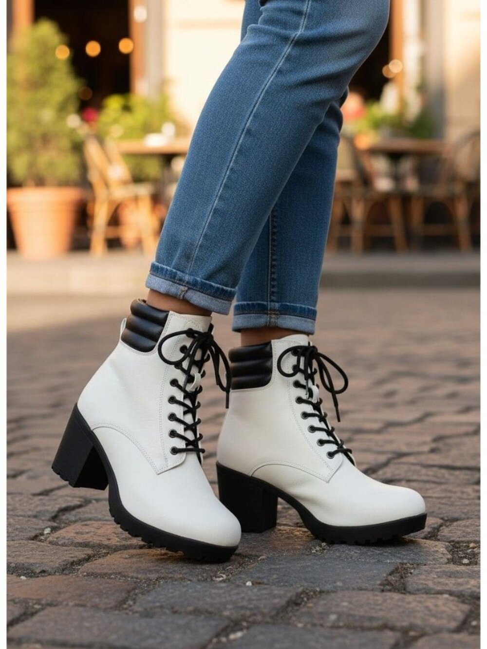 White Chunky Heel Lace-Up Ankle Boots With Black Accents Womens Stylish Faux Lea